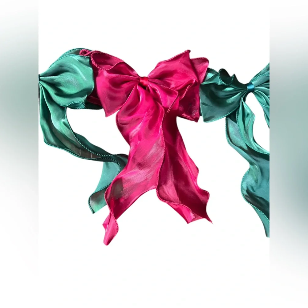 Holiday/Christmas Burgundy & Green Chiffon wired bow garland 55” length